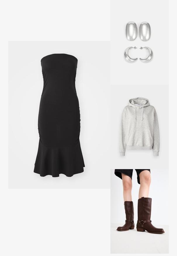 Sweatshirt à capuche gris clair en tissu doux en mélange de coton. Il présente une poche avant, un cordon de serrage à la capuche et des poignets et ourlet côtelés.; Robe noire sans bretelles en tissu extensible, avec des fronces sur les côtés et un ourlet évasé. Texture lisse avec une silhouette ajustée.; Bottes en cuir marron jusqu'au genou avec un bout arrondi, une surface texturée, une sangle au niveau de la cheville et des détails en métal argenté ; talon empilé.; Ensemble de boucles d'oreilles couleur argent : deux clous d'oreilles ovales et deux créoles en forme de croissant, présentant une finition brillante et lisse ainsi qu'un design arrondi.