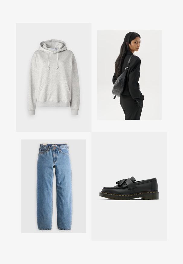 Hellegrauer Kapuzenpullover aus weichem Baumwoll-Mischgewebe. Verfügt über eine Vordertasche, eine Kordelzugkapuze sowie gerippte Ärmelbündchen und Saum.; Helleblaue Denim-Jeans mit geradem Bein, fünf Taschen, einem Reißverschluss und einer subtilen, verwitterten Textur. Klassisches Design mit minimalem Hardwareeinsatz.; Schwarze Lederloafers mit runder Zehenpartie, ausgestattet mit einer fransigen Detail und einem dekorativen Band, das über die Vorderseite verläuft, auf einem stabilen Absatz.; Frau mit langen dunklen Haaren, die einen schwarzen Anzug trägt und eine schwarze Lederschultertasche hält, schaut über ihre Schulter vor einem weißen Hintergrund.