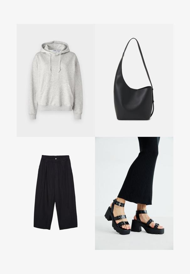 Felpa con cappuccio grigia chiara realizzata in morbido tessuto in cotone misto. Presenta una tasca frontale, cappuccio con cordino e polsini e orlo a costine.; Pantaloni culotte neri in poliestere con una cintura elastica, due pieghe frontali e una silhouette ampia. Nessun motivo visibile o dettagli in metallo.; Sandali neri con piattaforma, suole chunky e tassellate, dotati di molteplici cinturini, con fibbie in metallo e un texture simile alla pelle liscia.; Borsa hobo nera in pelle con una superficie liscia, forma curvata e una singola tracolla regolabile; presenta un'ampia apertura nella parte superiore.