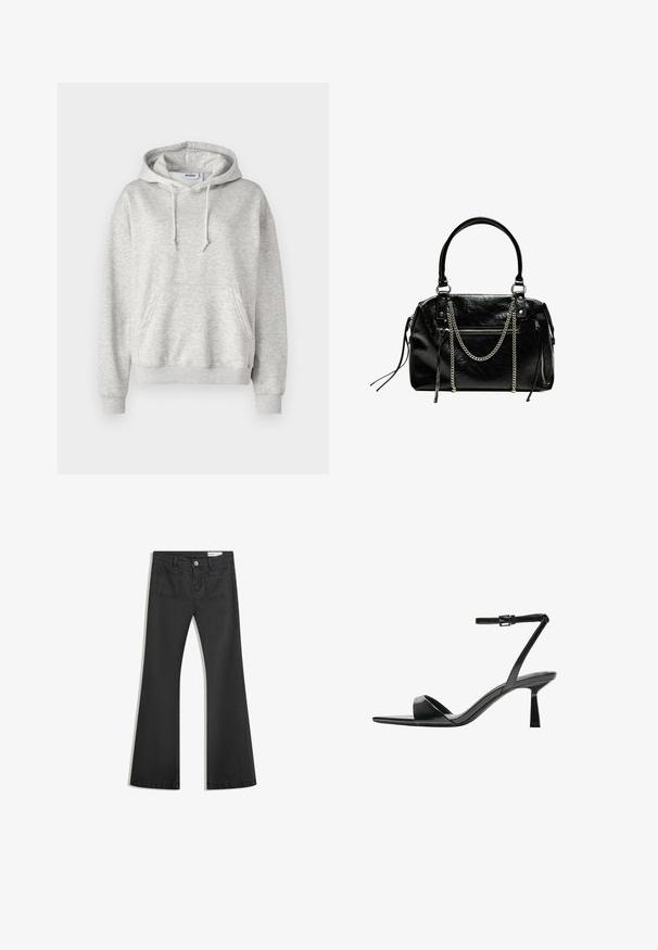 Lysegrå hættetrøje lavet af blødt bomuldsblandingsmateriale. Har en forlommer, snøre i hætten og ribbede manchetter og kant.; Sorte flared jeans lavet af denim med en glat tekstur, som har to baglommer og en knaplukning i taljen.; Bershka Højhælede sandaletter / Højhælede sandaler - black; Bershka WITH CHAIN - Håndtasker - black