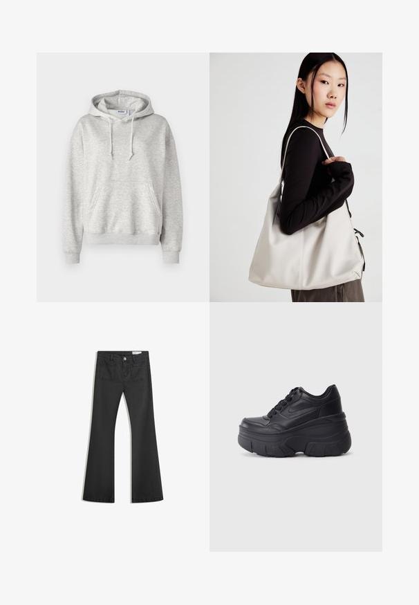 Világosszürke kapucnis pulóver, puha pamut keverék anyagból készült. Elülső zsebbe, húzózsinóros kapucnival, valamint bordázott mandzsettákkal és alsó szélekkel rendelkezik.; Fekete, sima textúrájú farmer flare nadrág, két hátsó zsebbel és gombos derékkal.; Fekete fűzős sportcipők vastag talppal, sima bőrből készült felső résszel, kerek orral és jellegzetes, réteges platform dizájnnal.; Puha anyagból készült bézs kézitáska, laza dizájnnal, varrott részletekkel és két vállpánttal. Mindennapi használatra alkalmas.