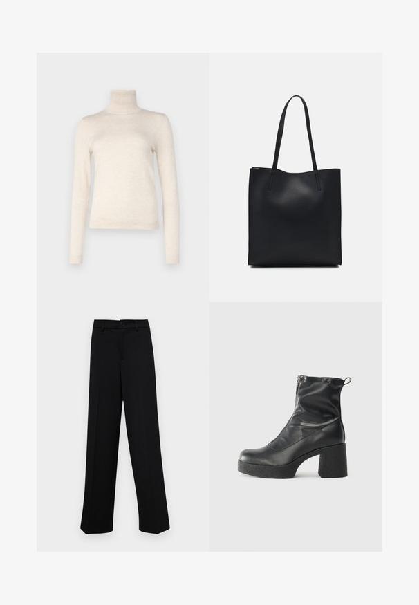 Svijetlosmeđi džemper s rolkragnom od mekog pletiva. Ima duge rukave i rebrasti ovratnik. Jednostavan, minimalistički dizajn.; Crne široke hlače od glatkog materijala, s klasičnim pojasom koji se zatvara dugmetom i prednjim naborima.; Crne gležnjače od glatke kože, s bočnim zatvaračem, debelim teksturiranim potplatom i dizajnom s zaobljenim prstima.; Crna kožna torba za nošenje s glatkom teksturom, pravokutnim oblikom i dvije duge ručke. Nema vidljivih metalnih dijelova ili ukrasa.