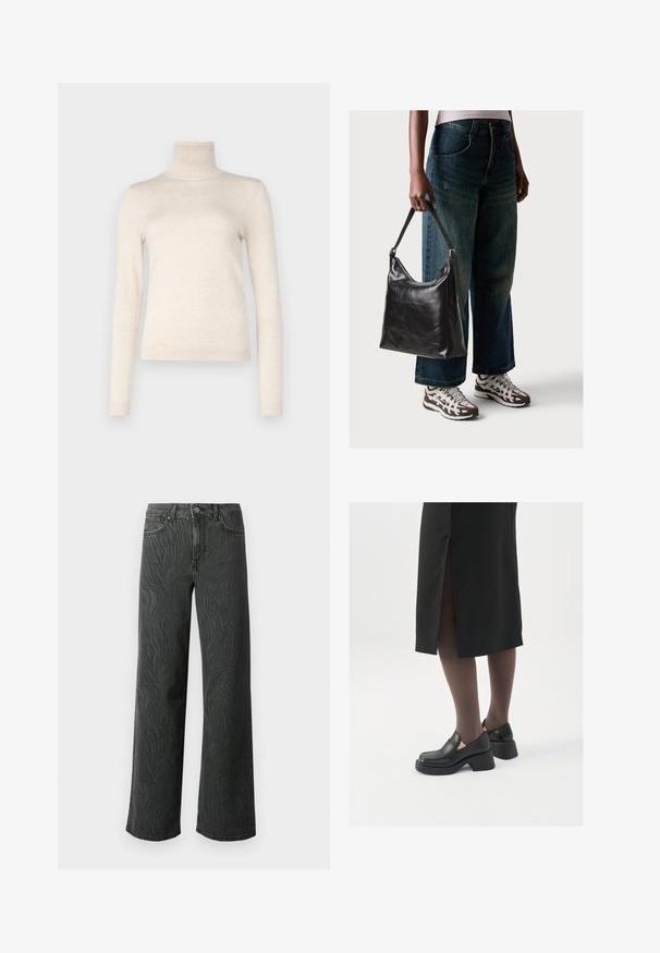 Világos bézs, garbós pulóver, puha kötött anyagból készült. Hosszan szabott ujjakkal és bordás gallérral rendelkezik. Egyszerű, minimalista dizájn.; Sötét szürke denim széles lábú farmer, diszkrét zebra mintás textúrával, kontrasztos varrással és öt zsebes kialakítással, gombos zipzárral.; Fekete bőr cipők lekerekített orral, vastag blokk sarkakkal és elasztikus oldalsó díszítésekkel, sötét harisnyával és hasítékkal ellátott fekete szoknyával párosítva.; Fekete bőr válltáska sima textúrával és állítható pánttal, melyet elnyűtt, bő szárú farmernadrággal és sportcipőkkel párosítottak.
