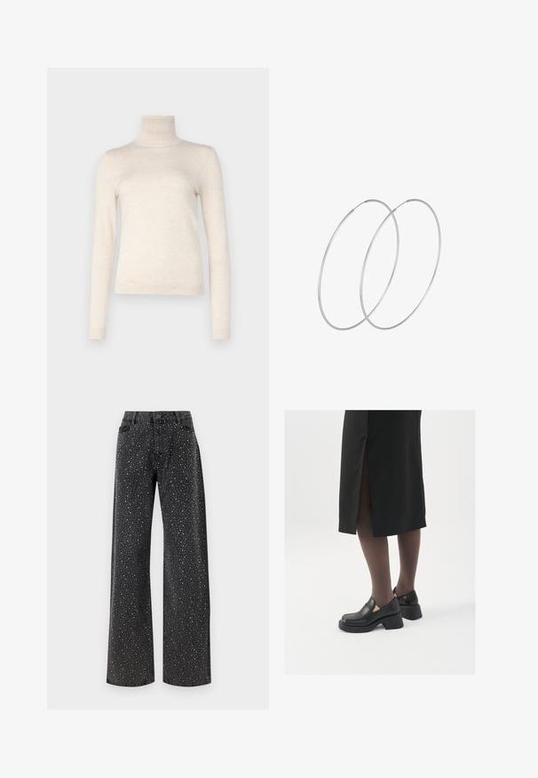 Ljusbeige polokrage-tröja i mjukt stickat material. Har långa ärmar och en ribbad krage. Enkel, minimalistisk design.; Noisy May NMJANNEL LOOSE - Jeans relaxed fit - black denim; Svarta läderskor med rund tå, tjock klack utan häl och elastiska sidodetaljer, kombinerat med mörka strumpbyxor och en svart kjol med slits.; Silverfärgade hoopörhängen med en minimalistisk design. Cirkulär form, slät yta och tunn profil. Lätta med en polerad finish.