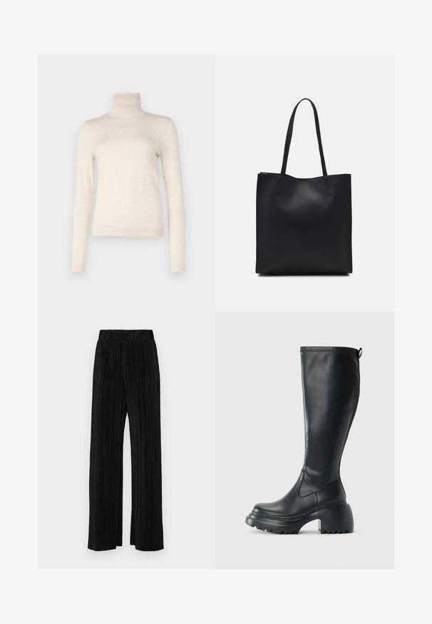 Maglione a collo alto color beige chiaro realizzato in morbido materiale a maglia. Presenta maniche lunghe e un colletto a coste. Design semplice e minimalista.; Pantaloni neri a plissé con vita elasticizzata. Presentano gamba ampia e un tessuto liscio e texture con strisce verticali.; Stivale lungo in pelle nera con suola piatta robusta e tacco a blocco, dotato di linguetta e battistrada testurizzato sulla suola.; Borsa tote in pelle nera con texture liscia, forma rettangolare e due manici lunghi. Nessun hardware o decorazione visibile.