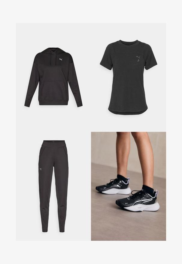 Čierna mikina s kapucňou vyrobená z mäkkej tkaniny, s prednou kangaroo vreckom a bielym logom na hrudi. Dlhé rukávy s rebrovanými manžetami.; Čierne tričko s krátkym rukávom vyrobené z mäkkého, priedušného materiálu. Má zaoblený lem a diskrétne logo v hornej ľavej časti hrudníka.; Čierne športové legíny vyrobené z elastického materiálu, s vysokým pásom, bočnými vreckami a malým reflexným logom na ľavom stehne.; Čierne atletické topánky s bielymi akcentmi, vrchná časť z prepletanej textílie, šnúrky a polstrovaná päta. Obsahujú štruktúrovanú podrážku pre lepšiu priľnavosť.