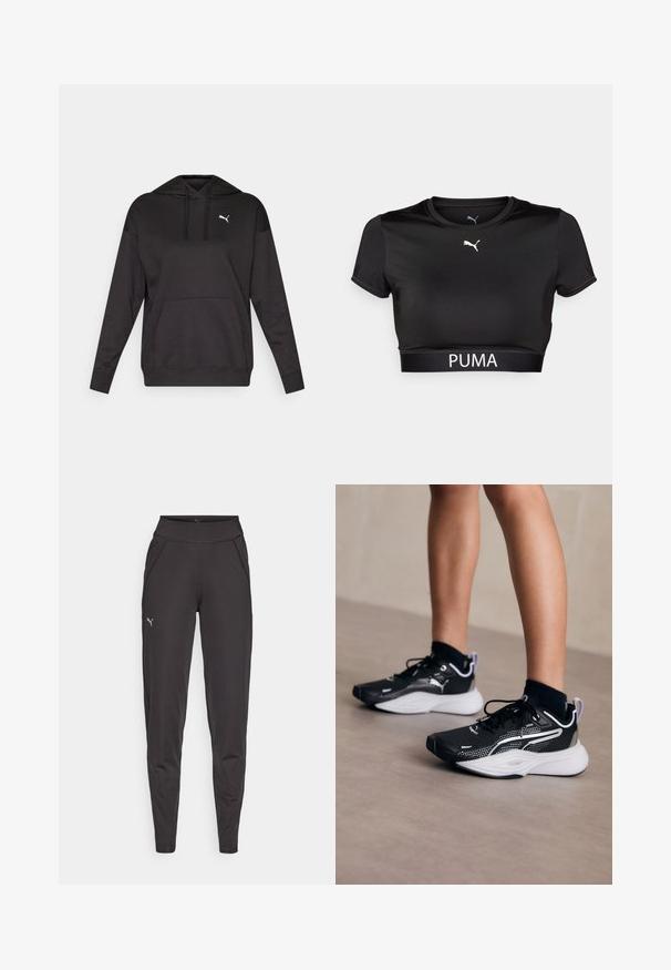 Felpa nera con cappuccio realizzata in morbido tessuto, dotata di tasca a marsupio sul davanti e di un logo bianco sul petto. Maniche lunghe con polsini a coste.; Maglietta nera cropped realizzata in tessuto liscio, con scollatura rotonda, maniche corte e logo PUMA bianco sulla fascia.; Leggings sportivi neri in tessuto elasticizzato, con vita alta, tasche laterali e un piccolo logo riflettente sulla coscia sinistra.; Scarpe sportive nere con accenti bianchi, tomaia in rete, lacci e tallone imbottito. Presentano una suola testurizzata per una maggiore aderenza.