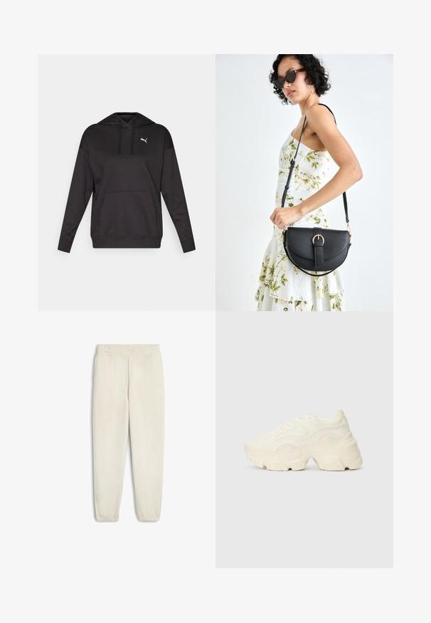 Musta kapuutsiga dressipluus pehmest kangast, millel on ees kenguru-tasku ja valge logo rinnal. Pikad varrukad ribatud mansettidega.; Heledad beežid dressipüksid, mis on valmistatud pehmest kangast, elastse vöökohtadega, mansettidega säärekestes ja väikese valge logoga külgede peal.; Paksud valged tennised, mis on valmistatud tekstureeritud võrgu- ja sünteetilistest materjalidest, pakuvad paksu tallaga ja keerukat mustrit külgedel.; Mustmust mustraha kõverate joontega, eemaldatava rihmaga ja kuldsete detailidega. Kotil on klapp, millel on pandladetail.