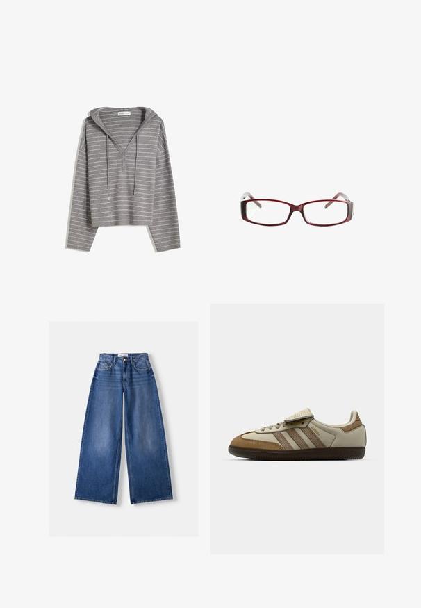 Grauer, kurz geschnittener Hoodie mit dünnen weißen horizontalen Streifen, drei Knöpfen auf der Brust und Kordeln an der Kapuze.; Stradivarius Top - light yellow; Bershka WIDE-LEG - Wide Leg - dark blue; Braune und cremefarbene Sportschuhe mit drei beigefarbenen Streifen, aus Wildleder und Leder gefertigt, Schnürdesign und Gummisohle. Textlogo an der Seite.; Rote rechteckige Brille mit schlankem Design. Klare Gläser, leicht durchsichtige Bügel und ein Verlaufseffekt von Rot zu Grau.