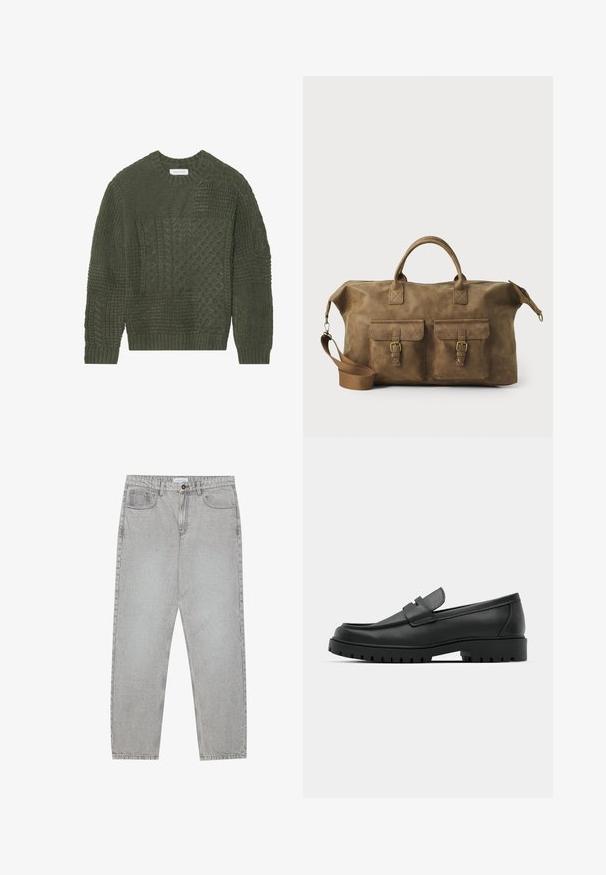 Olivengrøn strikket sweater med blandede teksturer, herunder kabel- og vaffelmønstre, med rund halsudskæring og ribbede manchetter.; Lysegrå denimbukser med lige ben, fem lommer og knaplukning. Synlig syning langs sømmene.; Sorte læder loafers med rund tå, der har et syet design, lav platformssål og en struktureret, skridsikker gummisål.; Brun læder duffel taske med to forlommer, justerbar skulderrem, guldfarvet hardware og robuste top håndtag. Glat tekstur.