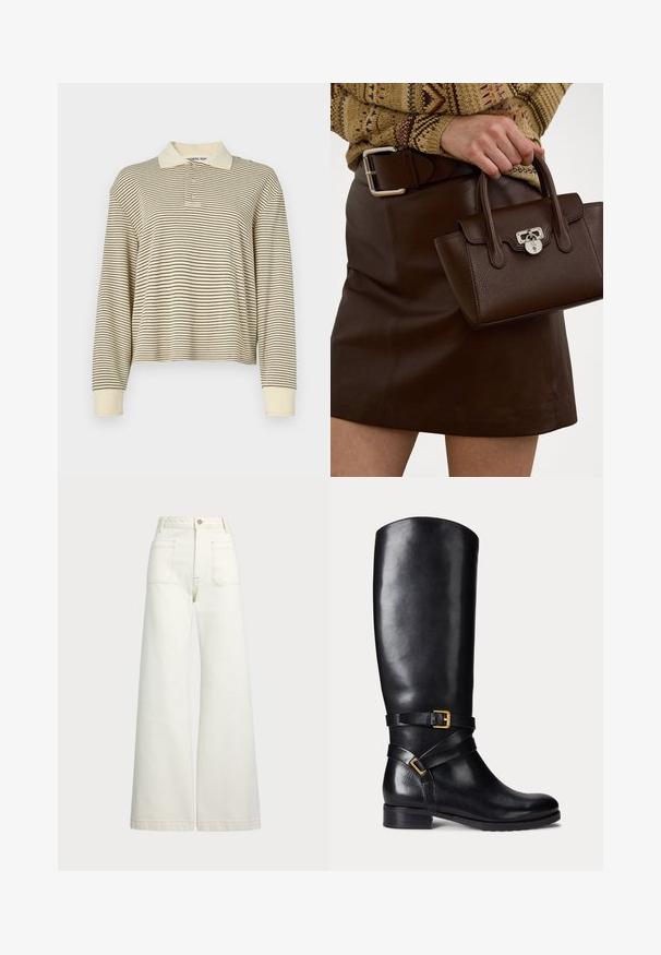 Beige langærmet polo med tynde sorte striber, forsynet med en klassisk krave og tre knapper foran. Blød tekstur, tilpasselig pasform.; Pæne brede jeans i off-white denim. Høj talje med knaplukning, to forlommer og detaljer med kontrastsyning.; Sort læderknæhøj støvle med en rund tå, en lav blokhæl og dobbelt stropper med en guldspændeaccent. Glat tekstur.; Brun læderhåndtaske med en struktureret overflade og sølvhardware, holdt i hånden ved siden af en brun lædernederdel og en mønstret sweater.
