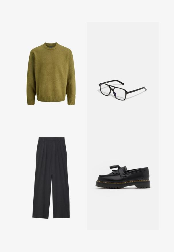 Oliivroheline sviiter, mis on valmistatud tekstureeritud kudumist, omab ümarat kaelust ja soonikuid äärtel. Lõtv lõige, pikad varrukad ja peen lisadetail.; Laiene püksid, mis on valmistatud tumedast hallist kangast. Omavad vööümbrikus voldikuid, on kohandatud disainiga ja sirge siluett.; Mustmust musta loafer, millel on frantsiisi aktsent, paks must tald ja kollane õmblus servas. Tekstuuriga viimistlus.; Mustad mustad raamidega prillid, millel on selged läätsed ja õrn lillakaspäine toon, omavad voolujoonelisi käsi ja minimalistlikku disaini.
