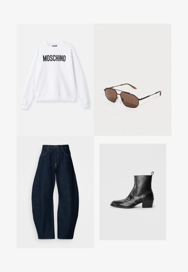 Felpa bianca realizzata in tessuto morbido, con collo rotondo, maniche lunghe e un grande logo nero "MOSCHINO" stampato sul davanti.; Camicetta a maniche corte con pattern a quadretti blu navy e bianchi e linee astratte nere irregolari sulla parte frontale e sulle maniche.; Jeans in denim blu scuro con un design a gamba larga, caratterizzati da cuciture evidenti, cinque tasche e una chiusura con bottone di ottone in vita.; Stivaletti in pelle nera alla caviglia con punta quadrata, cuciture decorative e tacco basso a blocco. Presentano un'etichetta sul retro per facilitarne l'indossamento.; Occhiali da sole marroni a forma di ottagono con una sottile montatura in metallo nero, accentuati da aste marroni. Le lenti scure offrono protezione UV.; Borsa in pelle marrone con stampa coccodrillo, dotata di manici superiori e tracolla removibile. Caratterizzata da una chiusura a fibbia e forma rettangolare.