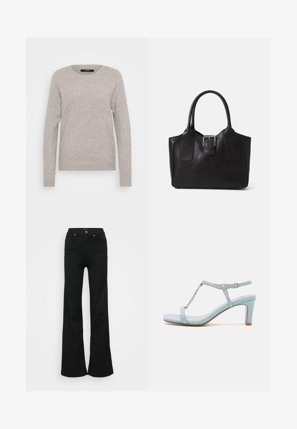Light gray sweater made of soft knit fabric. Features a round neckline and long sleeves with ribbed cuffs and hem. Simple design.; Black flared jeans made from denim, featuring a high waist, five pockets, and metal button closure. Smooth texture with minimal detailing.; Light blue ankle strap high heel sandal with a square toe design, featuring a metallic accent and a sleek, smooth leather texture.; Black leather tote bag with smooth texture, structured shape, two handles, and a prominent silver buckle detail on the front.
