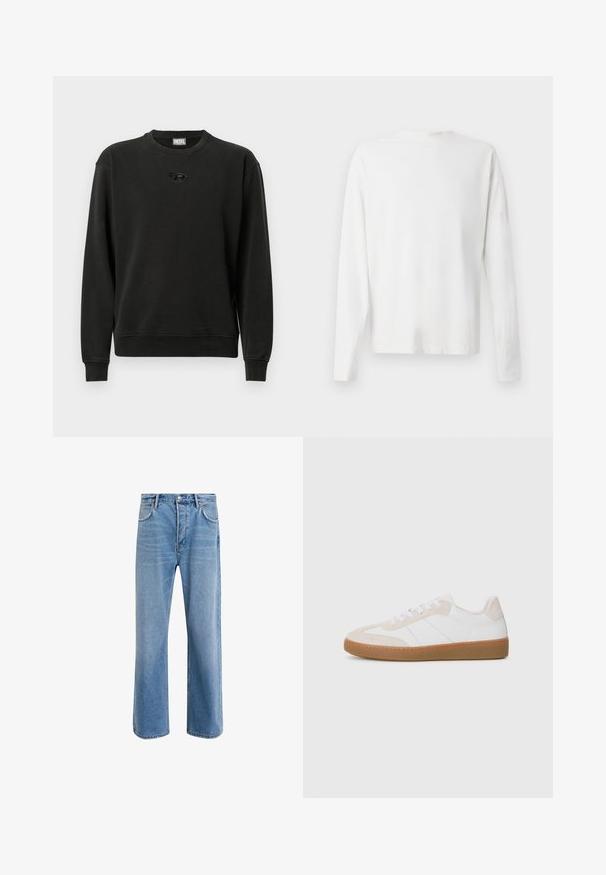 Sudadera negra hecha de tela suave, con cuello redondo, puños acanalados y un pequeño logo en el centro. Diseño informal y de ajuste relajado.; Camisa de algodón blanca de manga larga con cuello redondo, aberturas laterales en la parte inferior y una textura suave, exhibida desde la parte de atrás.; Jeans de mezclilla azul claro con un diseño de pierna recta, cinco bolsillos, cierre de botón, ligeramente desgastados y detalles de costura en contraste.; Zapatillas blancas y beige con elementos de ante y cuero. Cuenta con una suela de goma, diseño con cordones y franjas laterales minimalistas.