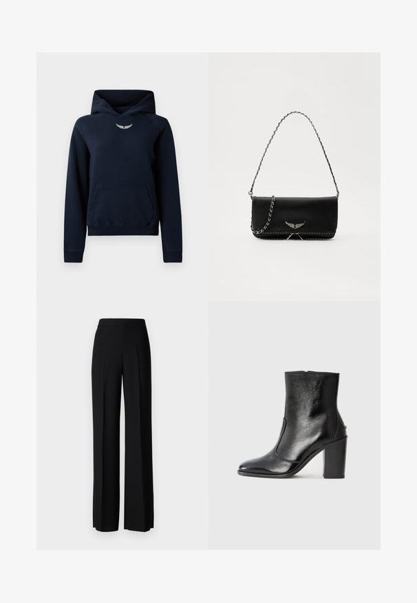 Tamsiai mėlynas džemperis su gobtuvu, pagamintas iš minkštos medžiagos, su kengūros kišene, bundeliais rankogaliais ir mažuoju sidabriniu sparno logotipu krūtinėje.; Juodi platūs kelnių kelnės su lygiu paviršiumi, turinčios aukštą liemenį ir centrinės raukšlės. Nėra matomų raštų ar metalinių detalių.; Juodas odinis kulkšninis batas su lygiu paviršiumi, smailiu pirštu ir masyviu aukštu kulnu. Savybė - šoninis atidarymas ir minimalistiškas dizainas.; Juodas odinis delninukas su sidabro spalvos grandinele, papuoštas dekoratyviniais sparnų akcentais ir balta siūle apačioje.