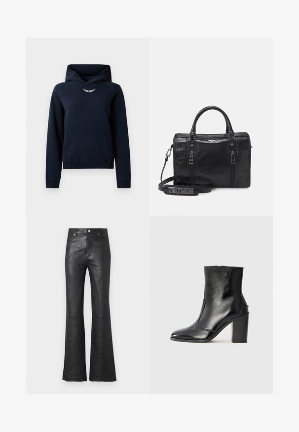 Námornícky modrá mikina s kapucňou vyrobená z mäkkého materiálu, s klokankovým vreckom, rebrovanými manžetami a malým strieborným logom krídla na hrudi.; Čierne kožené rozšírené nohavice s krčenou textúrou, vysokým pásom, prednými vreckami a klasickým zapínaním na gombík so zipsom.; Čierna kožená kotníková obuv s hladkým povrchom, špicatou špičkou a masívnym vysokým podpätkom. Zdobená bočným otvorom a minimalistickým dizajnom.; Čierna kožená kabelka s dvoma zipsami, štruktúrovaným dizajnom a hornými uchami. Obsahuje odnímateľný popruh s textom "VOLTAIRE".