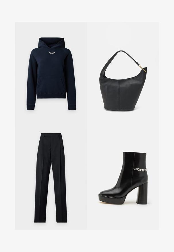 Sweat à capuche bleu marine en tissu doux, avec une poche kangourou, des poignets côtelés et un petit logo argent en forme d'aile sur la poitrine.; Pantalon noir en tissu lisse avec taille haute, jambes larges, plis à l'avant et passants de ceinture classiques. Pas de poches latérales visibles.; Bottine noire en cuir verni avec une plateforme épaisse et un haut talon bloc. Caractérisée par un accent en chaîne argentée sur le côté. Texture lisse.; Sac à main en cuir noir avec une forme arrondie, une large bandoulière et une finition texturée. Présente un détail de couture subtil et un accent en métal doré.