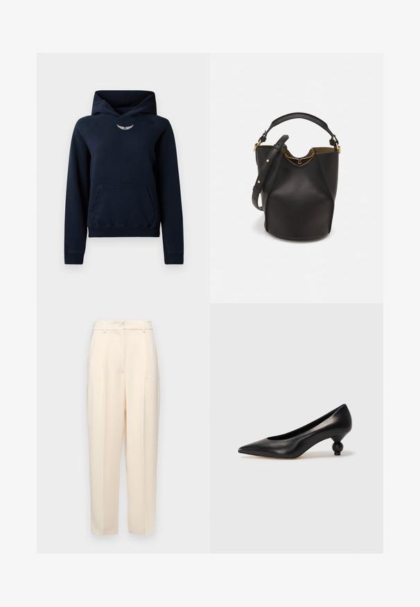 Tums zilas krūšturis, kas izgatavots no mīksta auduma, ar kangarū pirkstu kabatu, ribinātiem uzmavām un mazu sudraba spārnu logotipu uz krūškurvja.; Beige pielāgotas bikses ar taisnu piegriezumu, priekšpusē ar krokām, gluda tekstūra un vidējas augstuma jostasvieta. Nav redzamu kabatu.; Melnas ādas augstpapēžu kurpes ar smailu purngalu un apaļu papēdi. Gluda tekstūra ar elegantu, minimālistisku dizainu.; Melnas ādas spainīša somas ar teksturētu apdari, zelta metāla aksesuāriem un atvērtu augšu. Piedāvā īsu rokturi un regulējamu plecu siksnu.