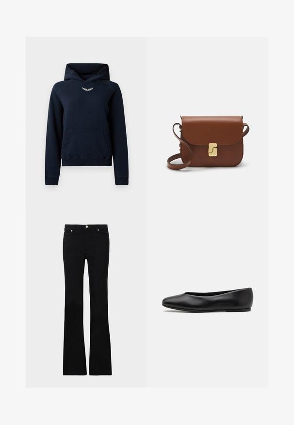 Hoodie azul marinho feito de tecido macio, com um bolso canguru, punhos canelados e um pequeno logotipo de asa prateada no peito.; Calças pretas de ganga em corte flare, com dois bolsos frontais, fecho com botão e uma textura suave. Costura característica visível nas costuras.; Paul Smith TOPANGA - Sabrinas - black; Bolsa de couro castanho com fecho de aba, decoração em tom dourado, alça de ombro e textura suave. Formato retangular compacto.