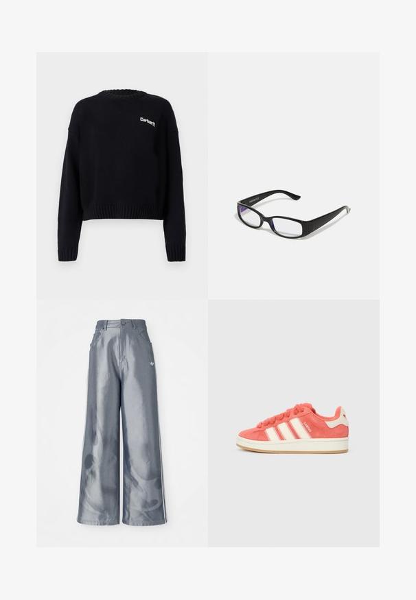 Must mustaga, ümar kaelus, lühendatud disain, soonikkoes käised ja äär. Esiküljel on väike valge logo.; Laiad püksid läikivast hallist materjalist, valgete külgtriipudega ja põlevate mustritega alumistes jalgades. Nööp ja lukku kinnitamine vööl.; Roosa sametist tennisekad, millel on kreemjad triibud, ümarad paelad ja tekstureeritud keel. Omab kummist tallat ja logo kanna peal.; Mustad mustad prillid selgete läätsedega. Läikiv viimistlus, kitsad vars, ja läätsede servadel on nähtav lilla varjund.