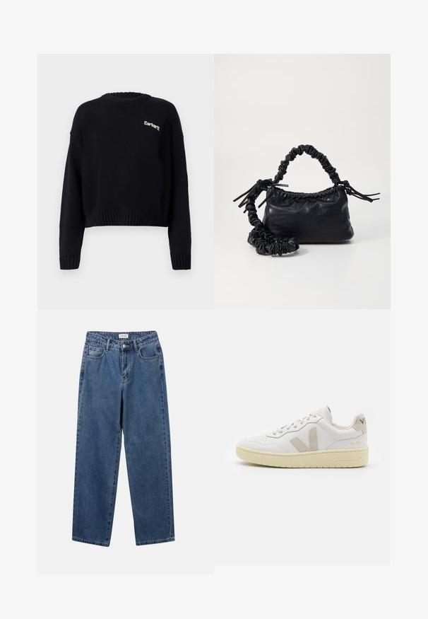 Black knit sweater with a crew neckline, cropped design, ribbed cuffs, and hem. Features a small white logo on the front.; Classic blue denim jeans with a straight-leg design, five pockets, and a button closure. Features a medium wash and sturdy texture.; White leather sneaker with beige suede accents, perforated toe box, flat laces, and a textured cream sole. Features subtle branding on heel.; Black faux leather handbag with a crocodile texture, cinched top, and a scrunched strap. Appears soft and compact in design.