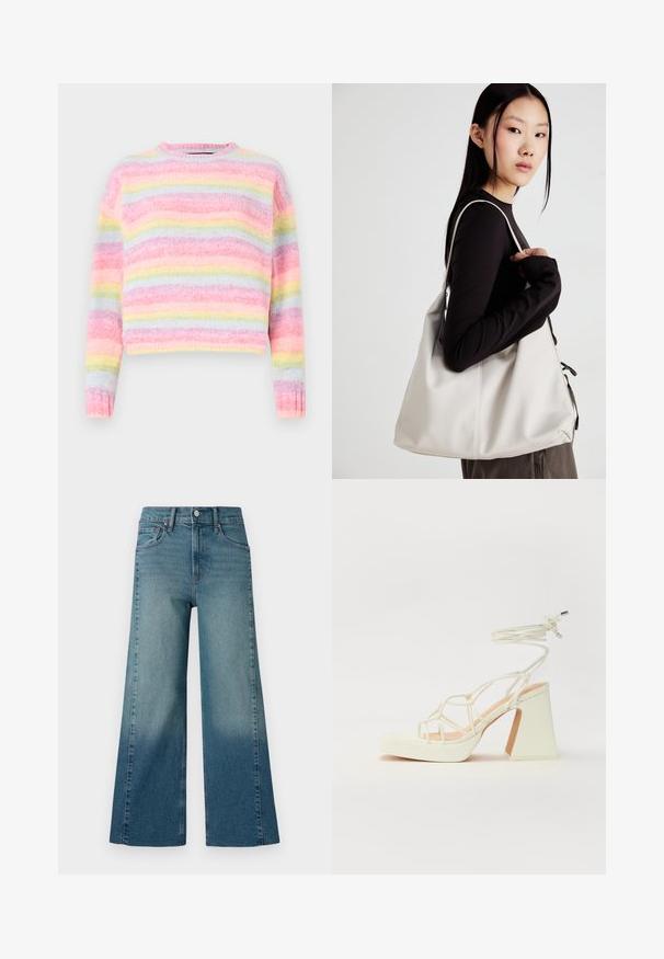 Jersey a rayas multicolor con tonos de rosa, azul y amarillo pastel, con un acabado suave y texturizado y un escote redondo.; Jeans de pierna ancha en un lavado azul medio, con un efecto degradado de más oscuro a más claro. Hechos de denim con un diseño tradicional de cinco bolsillos.; Sandalia de tacón alto blanca con un tacón grueso, que presenta un diseño de tiras y un lazo en el tobillo. Textura suave con una plataforma en la parte delantera para mayor altura.; Bolso de mano beige hecho de material suave, con un diseño holgado, detalles cosidos y dos asas. Adecuado para uso diario.