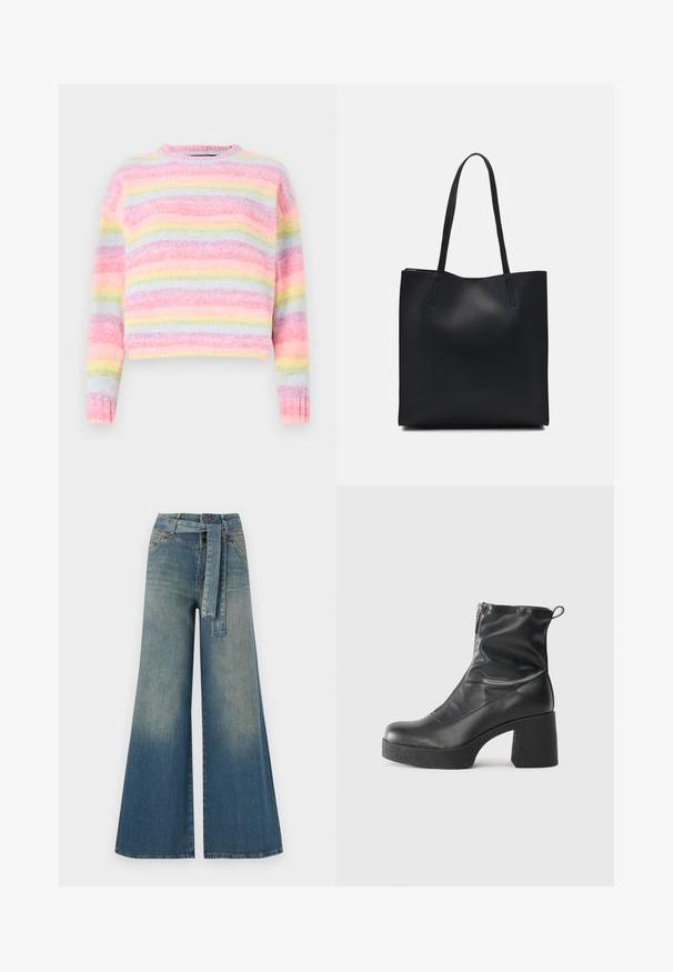Pulover multicolor în dungi, cu nuanțe de roz, albastru și galben pastelat, având un finisaj moale și texturat și un guler rotund.; Pantaloni din denim largi, cu un gradient de la albastru deschis la albastru închis, talie înaltă, bucle pentru curea și o curea din același material. Finisaj texturat din denim.; Bocanci negri de glezna din piele netedă, cu fermoar lateral, toc texturat și masiv, și design cu vârf rotund.; Geantă tote neagră din piele, cu textură netedă, formă rectangulară și două mânere lungi. Fără hardware vizibil sau ornamente.