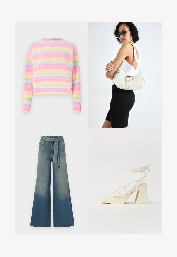 Jersey a rayas multicolor con tonos de rosa, azul y amarillo pastel, con un acabado suave y texturizado y un escote redondo.; Pantalones de mezclilla de pierna ancha con un degradado de azul claro a oscuro, cintura alta, trabillas para cinturón y un cinturón de tela a juego. Acabado de mezclilla texturizada.; Sandalia de tacón alto blanca con un tacón grueso, que presenta un diseño de tiras y un lazo en el tobillo. Textura suave con una plataforma en la parte delantera para mayor altura.; Bolso de piel blanco con forma curvada, correa ajustable y un pequeño detalle de hebilla. La modelo lleva un conjunto negro ajustado.