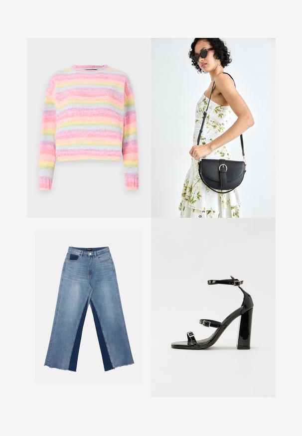 Többszínű csíkos pulóver, amely rózsaszín, kék és pasztell sárga árnyalatokkal rendelkezik, puha, texturált felülettel és kerek nyakkivágással.; Világoskék, bőszárú farmernadrág, kontrasztos sötétkék panelekkel, szálkás szegélyekkel, valamint normál derekú, fém gombos záródással.; Fekete lakk magas sarkú szandál négyzet alakú orral, bokapántokkal és ezüst csatokat tartalmaz. Masszív blokk sarka a stabilitásért felel.; Fekete bőrtáska ívelt formával, levehető pánttal és arany színű fémrészekkel. A táskán egy csattal díszített fedél található.