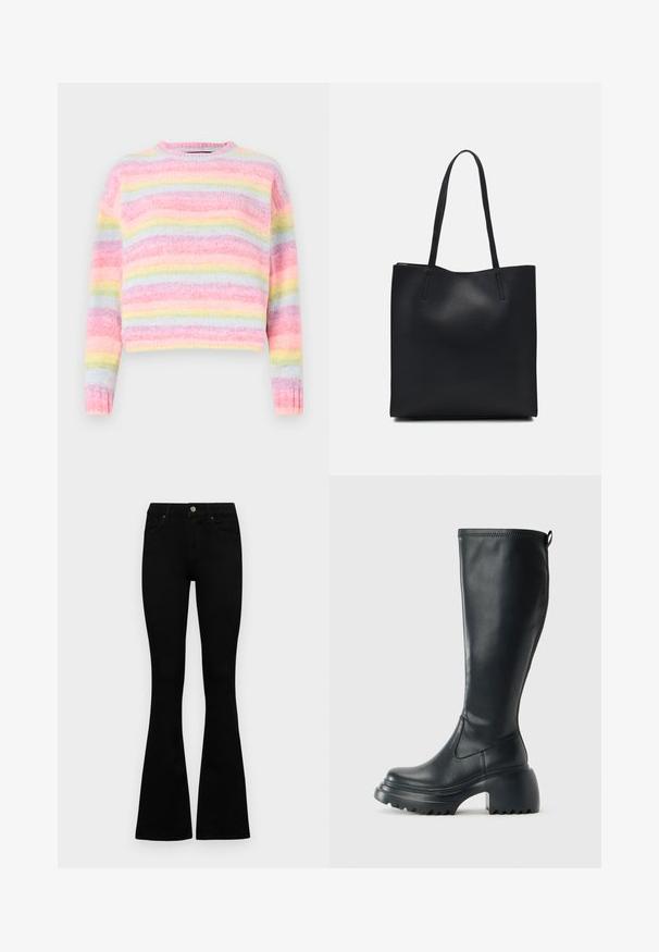 Flerfarget stripete genser med rosa, blå og pastellgul nyanser, med en myk, teksturert overflate og rund hals. ; Sorte høytlivsjeans med knapp og glidelås, frontlommer og utsvingte bein liggende flatt på en hvit bakgrunn.; Høy svart lærstøvel med chunky plattformsåle og blokkhelt, med trekkstang og teksturert mønster på yttersålen.; Svart lær tote bag med glatt tekstur, rektangulær form og to lange håndtak. Ingen synlige deler eller dekorasjoner.