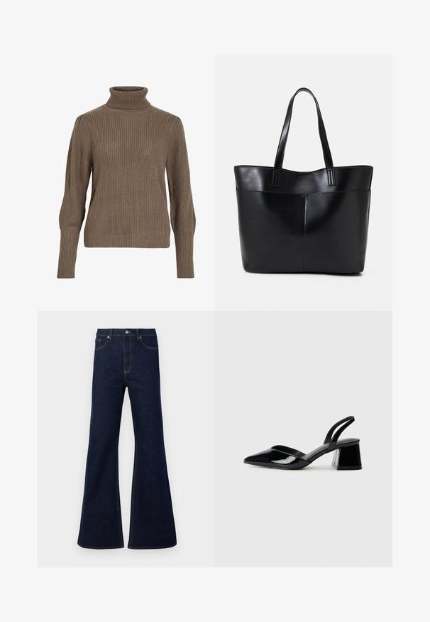 Rjav rebrast pleten pulover z visokim ovratnikom in prilegajočimi rokavi, ki ima teksturiran zaključek in sproščen kroj telesa.; Temno modri flare kavbojke z visokim pasom, sprednjimi žepi in zlatimi šivi. Gladka tekstura s tradicionalnim krojem.; Črne lakirane slingback pete s koničastim nosom in geometrijsko blokasto peto. Imajo eleganten, minimalističen dizajn in gladko teksturo.; Črna usnjena torba z dvema dolgima ročajema, gladko teksturo in strukturirano obliko. Ima sprednji žep za dodatno shranjevanje.