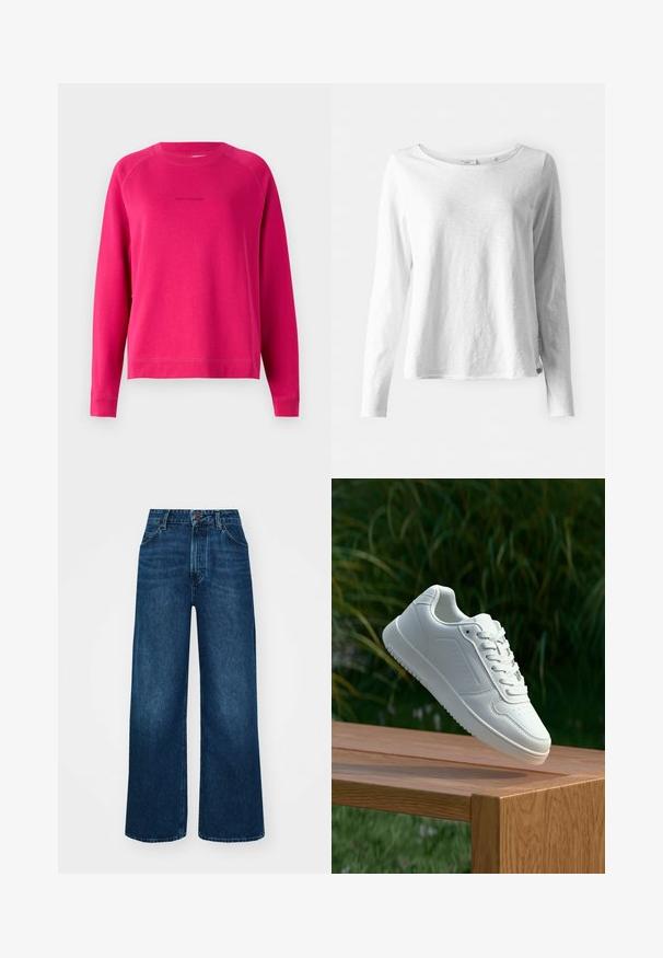 Marc O'Polo DENIM CREW NECK - Sweatshirt - vibrant pink; Vit långärmad T-shirt i mjukt, lätt tyg; har en rund halsringning och en något avslappnad passform; etikett synlig på sidan.; Hög midja, vida jeans i mörkblå denim med en smidig textur, kontrasterande sömmar och femficksdesign. Frontknäppning.; Vita sneakers med en slät syntetisk ovandel, perforerat tåparti, platta snören och en strukturerad sula, placerade på en träyta.