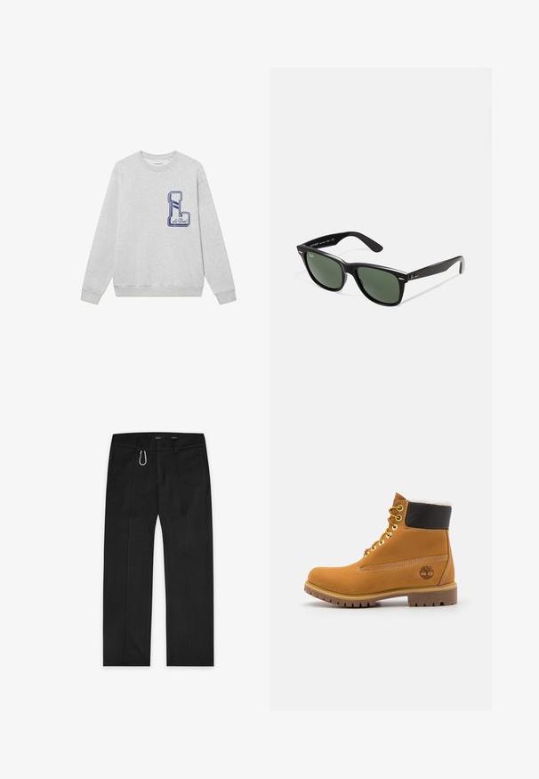 Sivi dukserica od pamuka, s velikim izvezenim plavim "L" logotipom na prsima i rebrastim manžetama i donjim rubom.; Crne hlače izrađene od tkanog materijala, sa ravnim krojem, dva bočna džepa, prednjim zipom i vanjskim detaljem za petlju.; Smeđi kožni gležnjača sa metalnim okovima, bijelim krznom obloženim unutrašnjim dijelom, crnim podstavljenim okovratnikom, robusnom potplatom i utisnutim logoom na strani.; Crne plastične sunčane naočale s zelenim staklima, kvadratni okviri, srebrni naglasak na obrvi i teksturirane ručke. Naziv brenda naveden na unutrašnjoj strani ručke.