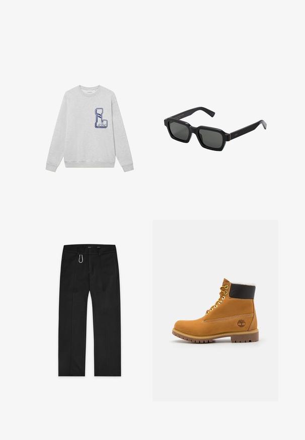 Sivi dukserica od pamuka, s velikim izvezenim plavim "L" logotipom na prsima i rebrastim manžetama i donjim rubom.; Crne hlače izrađene od tkanog materijala, sa ravnim krojem, dva bočna džepa, prednjim zipom i vanjskim detaljem za petlju.; Smeđi kožni gležnjača sa metalnim okovima, bijelim krznom obloženim unutrašnjim dijelom, crnim podstavljenim okovratnikom, robusnom potplatom i utisnutim logoom na strani.; Crne, četvrtaste sunčane naočale s sivim lećama. Debeli plastični okviri imaju zlatne naglaske i brendiranje na sljepoočnicama. Glatka tekstura.
