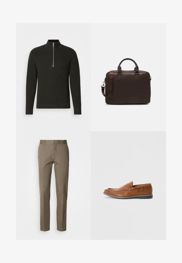 Črn rebrast pleten pulover z visokim ovratnikom in kratkim zadrgo, z dolgimi rokavi in obliko, ki se tesno prilega.; Bež hlače iz gladkega blaga, z ravnim krojem, sprednjim zadrgo in minimalističnimi žepi. Brez vidnih vzorcev ali poudarkov.; Rjavi usnjeni loafers s okroglo konico, šivi na površini in nizkim gumijastim podplatom. Oblikovanje vključuje pas čez zgornji del.; Rjava usnjena torba za prenosni računalnik z teksturirano površino, dvema zgornjima ročajema, nastavljivim trakom in dvema sprednjima sponkama za dodatne podrobnosti.