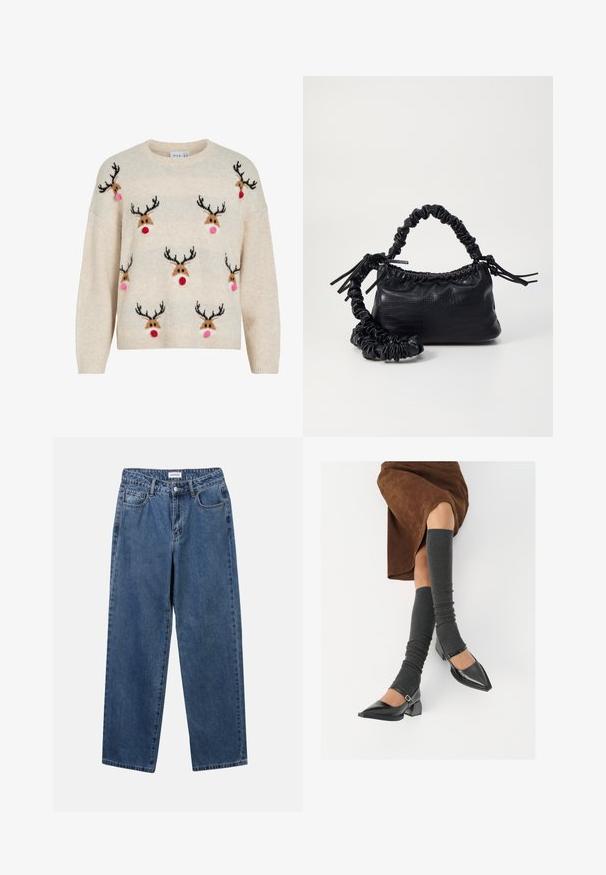 Pull couleur crème avec une texture duveteuse, un col rond, et des motifs de rennes aux bois noirs, pompons roses et nez rouges.; Jean en denim bleu classique avec une coupe droite, cinq poches et une fermeture par bouton. Présente un lavage moyen et une texture robuste.; Chaussures à bout pointu en cuir verni noir avec un talon bloc et une bride à la cheville, accompagnées de jambières en maille grise et d'une jupe en daim marron.; Sac à main en simili cuir noir avec une texture crocodile, un dessus resserré et une sangle froncée. A l'apparence douce et compacte.