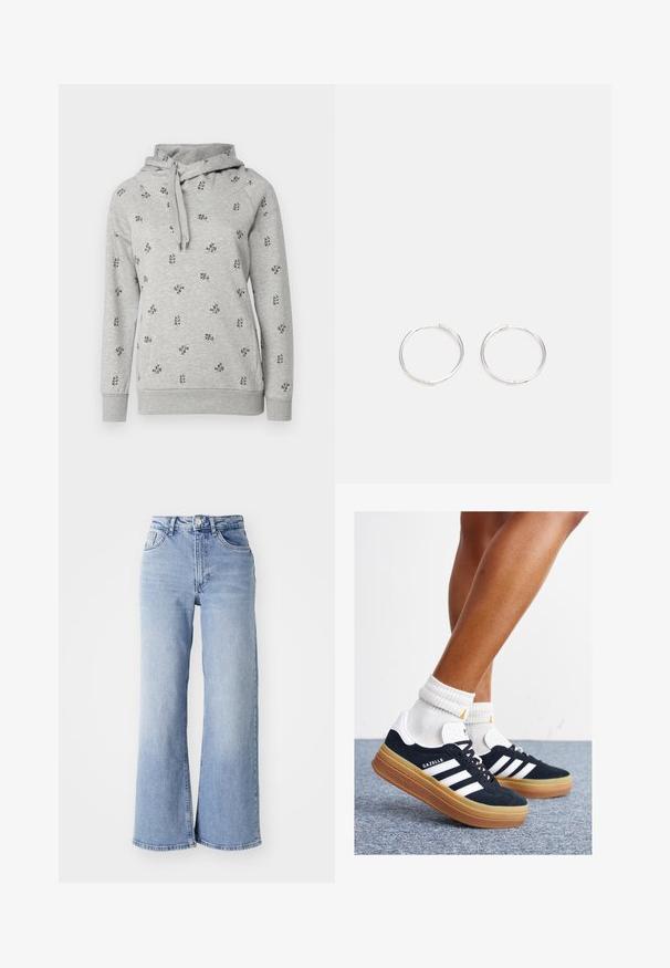 Hall mässikas saabastega. Varustatud väikese musta lilleline tikand, soonikkoes käised ja nöör krae juures. Pehme, mugav kangas.; Heledsinine kõrge vöökoht ja laiad sääred teksad, millel on ees- ja taga-taskud, nööbiga kinnitamine ning kerge kulumine reitel ja ääres.; Mustad seemisnahast tossud valgete triipude ja detailidega, ümarate varbassosadega, kummist välistallaga, paaritatud valgete soonikuliste meessokkidega.; Hõbedased rõngaskõrvarõngad, millel on sujuv ja ümar disain, millel on sile pind ja nähtavad kaunistused puuduvad. Diameeter ei ole täpsustatud.