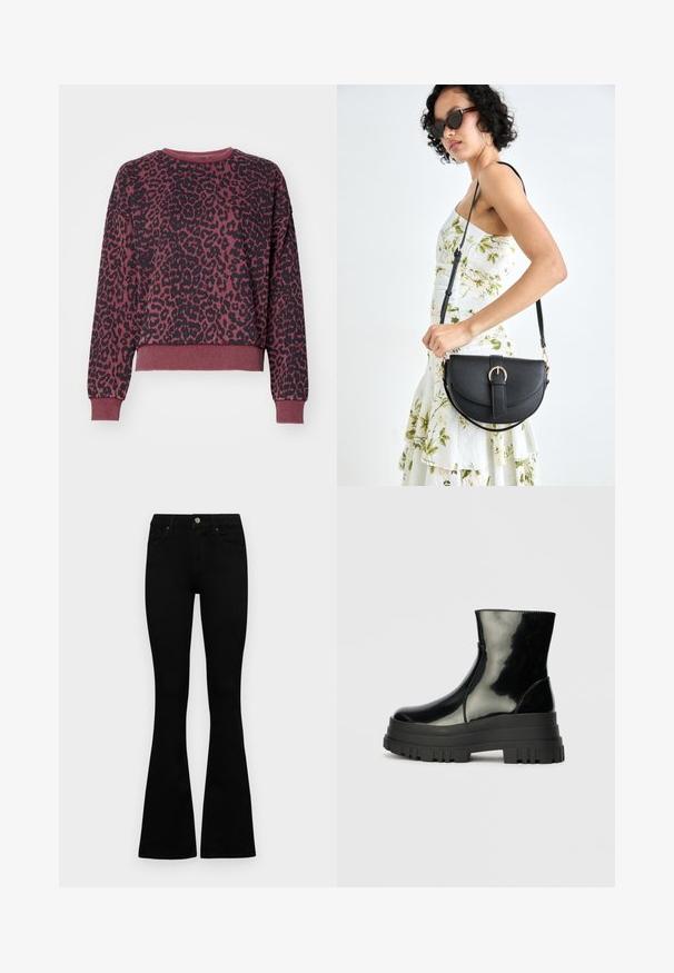 ONLY ONLVOICE O NECK - Melegítőfelső - burgundy; Fekete, magas derekú farmernadrág gomb- és cipzárzárral, elülső zsebekkel és harangszárral, laposan egy fehér háttérre terítve.; Fekete fényes boka csizma vastag bordázott talppal és kerek orral, oldalnézet világos szürke háttér előtt.; Fekete bőrtáska ívelt formával, levehető pánttal és arany színű fémrészekkel. A táskán egy csattal díszített fedél található.