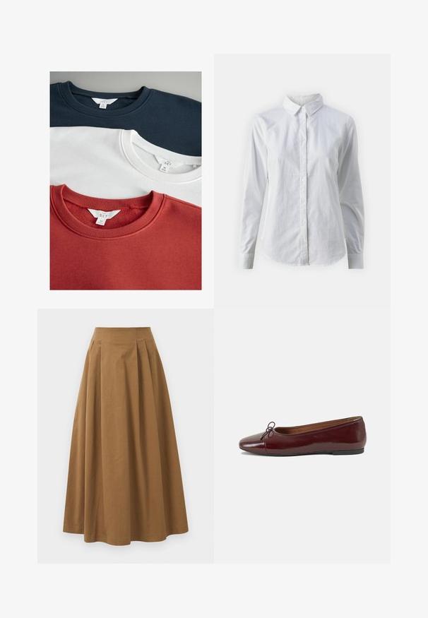 Tři mikiny s kulatým výstřihem: tmavě modrá, bílá a rezavě červená. Vyrobeny z měkké tkaniny s ribovanými límci, s logy značky na vnitřních štítcích.; Bílá košile na knoflíky vyrobená z hladké bavlny, s klasickým límcem, dlouhými rukávy a zakřiveným spodním lemem. Knoflíky jsou malé a bílé.; Hnědá bavlněná sukně ve stylu A s vysokým pasem, se sklady na přední straně a hladkou texturou. Lemování je čisté a jednoduché.; Burgundské lakové baleríny s kulatou špičkou, malou mašlí vpředu a nízkou černou gumovou podrážkou. Hladký povrch.