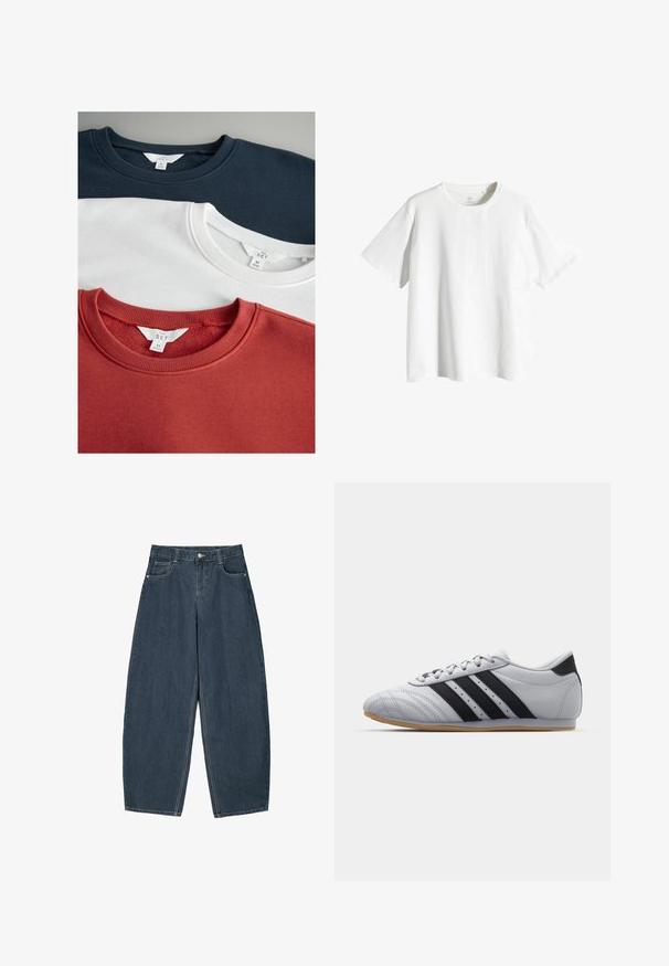 Tre crewneck-tröjor: mörkblå, vit och rostorange. Tillverkade av mjukt tyg med ribbade kragar, med varumärksetiketter på de inre taggarna.; Vit bomulls t-shirt med rund hals, korta ärmar och avslappnad passform. Släthet i texturen, utan mönster eller accenter.; Mörkblå denim vidbyxor med hög midja, som har fem fickor och synliga sömnadsdetaljer. Ren, minimalistisk design.; Grå atletiska skor med en slät läderfinish, med tre svarta ränder, rund tå och gummisulor.