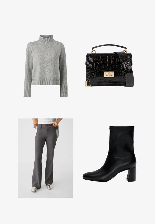 Grå strikket turtleneck sweater med ribbet krave og manchetter, der har et løst, kort design og blød tekstur.; Grå bæltet bukser lavet af tekstureret stof, med to-knaps lukning og bæltestropper, parret med skinnende sølv sneakers.; Sort ankelstøvle lavet af glat læder. Har en firkantet tå, elastisk kant og en kraftig hæl for stabilitet. Minimalistisk design.; Sort lakeret håndtaske med krokodillemønster, guldbeslag, en top-håndtag og en aftagelig skulderrem. Firkantet form med klaplukning.