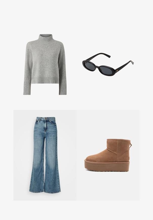 Pull en laine gris à col roulé avec des bords côtelés, présentant un design ample et court ainsi qu'une texture douce.; Jean en denim taille haute, bleu clair, à jambes larges, avec poches avant et fermeture à bouton, présenté sur un fond blanc uni.; Bottine en suède tan avec une semelle plate-forme, un bout arrondi et des accents de couture ; elle est dotée d'une languette à l'arrière pour un enfilage facile.; Lunettes de soleil noires surdimensionnées avec des verres ovoïdes, monture en plastique lisse et accents dorés sur les tempes. Les verres sombres offrent une protection contre le soleil.