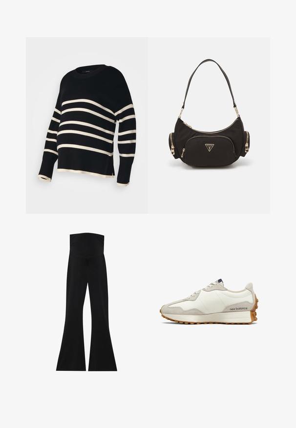Sweter w czarno-kremowe paski o luźnym kroju, z prążkowanym okrągłym dekoltem i szerokimi rękawami. Posiada lekko skróconą długość i boczne rozcięcia.; Czarne spodnie z rozszerzanym dołem i wysokim stanem, wykonane z elastycznego materiału. Charakteryzują się gładką fakturą oraz prostym, minimalistycznym wzornictwem.; Białe i beżowe sneakersy z gładkiej skórzanej cholewki, zamszowymi akcentami, zaokrąglonym noskiem i teksturowaną gumową podeszwą. Nazwa marki nadrukowana na boku.; Czarna torba na ramię z tkaniny z złotymi akcentami, z główną przegrodą na zamek i dwiema mniejszymi kieszeniami na zamek po bokach.