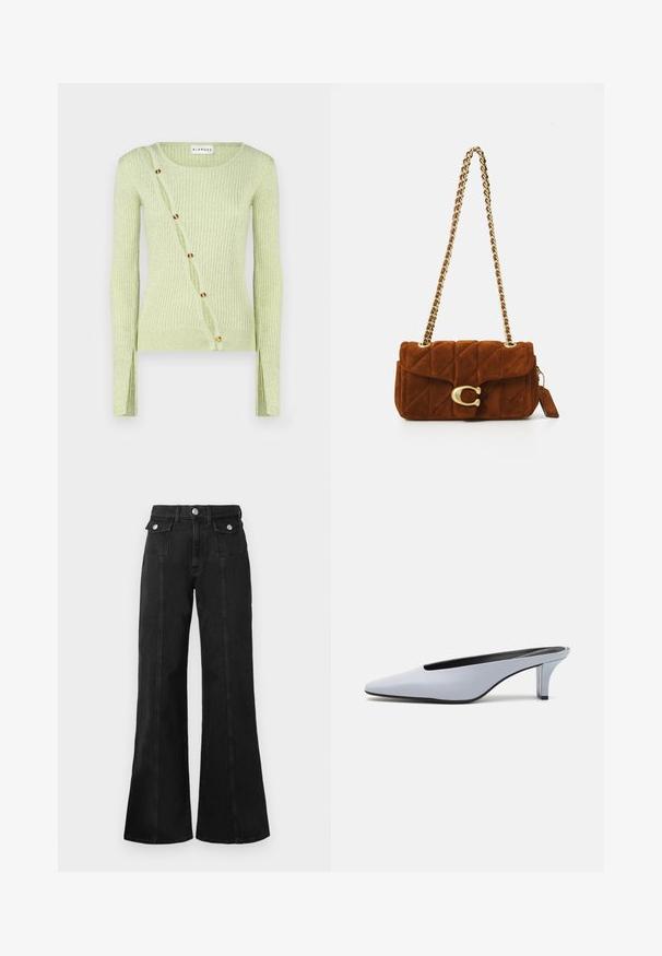 Maglione a coste verde chiaro con scollo rotondo, maniche lunghe e chiusura diagonale con bottoni dorati. Texture morbida.; Jeans flare in denim nero con vita alta, dotati di due tasche frontali, hardware in tono argento e dettagli di cucitura in evidenza sulla parte anteriore.; Mule in pelle lucida blu chiaro con punta affusolata, tacco trasparente basso e design elegante caratterizzato da un'apertura sulla parte superiore.; Borsa a spalla in suede imbottito marrone con tracolla in catena dorata e grande chiusura anteriore con gancio "C" dorato.