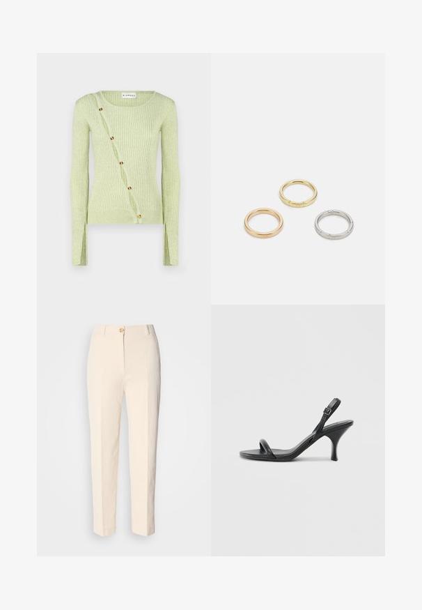 Suéter acanalado verde claro con cuello redondo, mangas largas y un cierre diagonal con botones de tono dorado. Textura suave.; Pantalones de color crema, de cintura alta, hechos de tela texturizada. Cuentan con un cierre de botón en la parte frontal y piernas ajustadas.; Sandalias de tacón alto de cuero negro con un tacón delgado y curvado y un diseño de tiras cruzadas. Correa para el tobillo ajustable. Textura suave.; Tres anillos de metal: uno de oro rosado, uno de oro con acentos texturizados y uno de plata, todos con marcas grabadas en la parte interior.