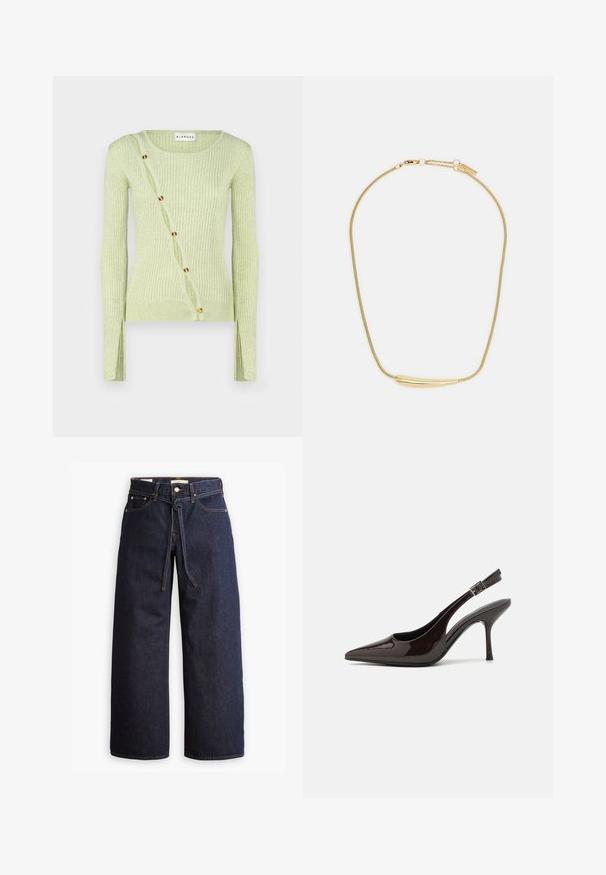 Šviesiai žalia raukšlėta megzta palaidinė su apvalia iškirpte, ilgomis rankovėmis ir įstrižine sagčių uždarymo sistema, papuošta auksinės spalvos sagomis. Minkšta medžiaga.; Plačios kojų tamsiai mėlynos džinsinės kelnės su aukštu liemeniu, turinčios raištį, penkias kišenes ir kontrastingas siūles.; Blizganti tamsiai ruda lakinės odos aukšto kulno bateliai, smailus nosis, atviros šoninės dalys ir reguliuojamas kulkšnies dirželis.; Auksu padengta apyrankė su lygiu, įgaubtu centriniu akcentu. Pasižymi lankstoma grandinėle su vėžlio užsegimu ir papildomais reguliuojamais grandinėlių ryšiais.