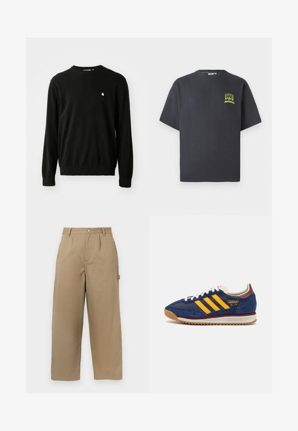 Crna pamučna majica s dugim rukavima, okruglim izrezom, rebrastim manžetama i donjim rubom. Ima mali bijeli logotip s lijeve strane na prsima.; Majica Adidas u boji ugljena s kratkim rukavima i malim grafikom u neon zelenoj boji koja prikazuje zvučnike, sunce i Adidas logotip na lijevoj strani prsnog koša.; Bež široke hlače od pamučne mješavine, visoki struk, prednji nabora i dva bočna džepa sa kopčanjem na dugme.; Mornarične nubuk tenisice sa žutim trakama, bijelim čipkama i burgundskim detaljima. Teksturisani đon s utorima za prianjanje. Logo brenda sa strane.
