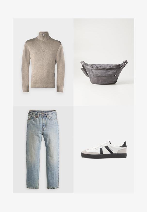 Jack & Jones PREMIUM JPRBLAMILANO HALF ZIP - Pulóver - greige; Világoskék farmernadrág magas derékkal, elülső gombbal, cipzárral és öt zsebbel, sima háttérre fektetve.; Fehér sneaker fekete és szürke részletekkel, textúrált szürke orr résszel, fekete gumitalppal és lapos fehér fűzőkkel. Tiszta dizájn, minimalista stílus.; Szürke velúr övtáska kerek formával, két cipzáras rekesszel és állítható pánttal. Fém dekorációval rendelkezik.