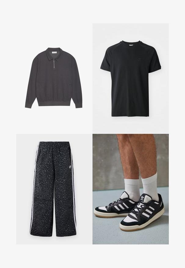 Tamnosiva majica s dugim rukavima i zatvaračem na ovratniku, rebrastom teksturom, elastičnim manžetama i bočnim džepovima. Opušten i svestran dizajn.; Crna pamučna majica s okruglim izrezom, kratkim rukavima i raglan dizajnom. Ima teksturirani logo na lijevoj strani prsnog koša. Glatka završna obrada.; adidas Originals GRAPHIC UNISEX - Donji dijelovi trenirke - black; Crne i bijele tenisice s gornjim dijelom od antilopa i kože, s tri bijele pruge, perforiranim prstom i gumiranim potplatom.